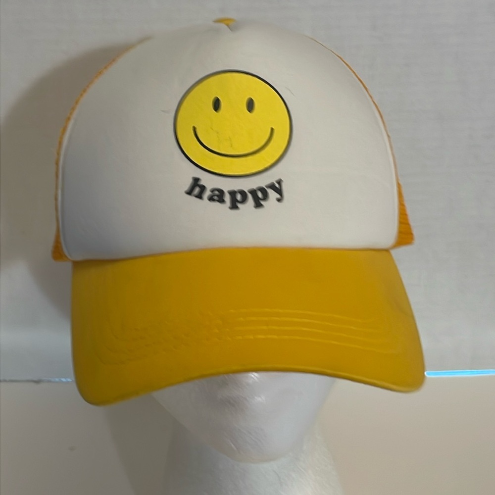 David and Young Happy yellow and white truckers mesh SnapBack hat cap